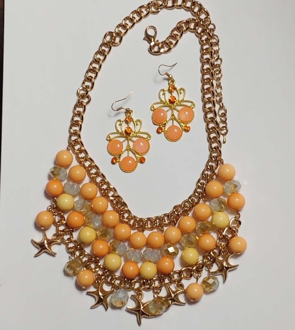Gold Beachy Starfish Statement Necklace & Earring Set Peach Orange Chunky Boho